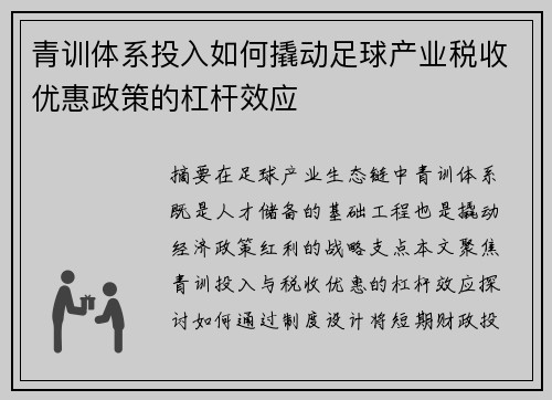 青训体系投入如何撬动足球产业税收优惠政策的杠杆效应